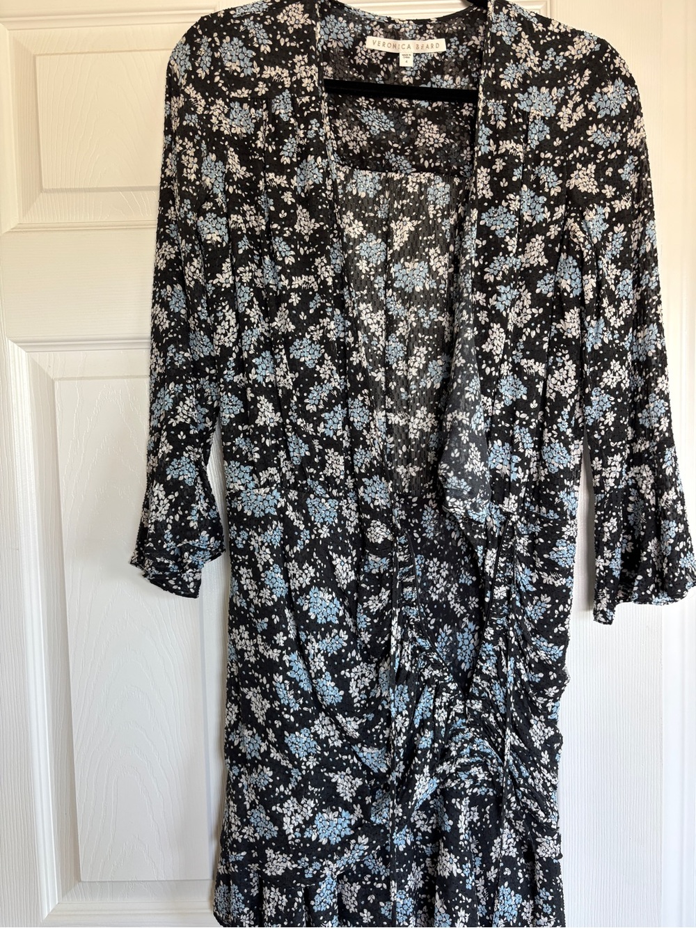 Veronica Beard Black Floral Wrap Dress with Blue & White Blossoms